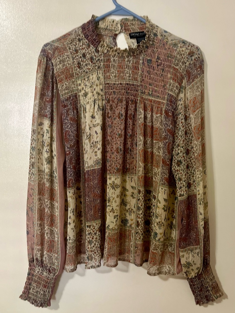 living doll Patchwork Smocked Floral Blouse - Dusty Rose & Cream